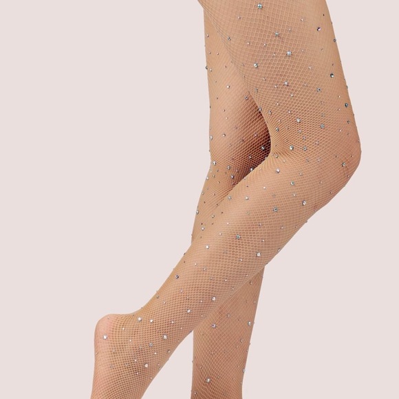 New Rhinestone Fishnet Tights Pantyhose TAN BLACK - Picture 3 of 12